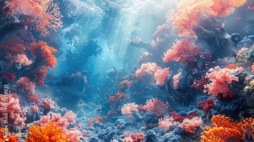 Futuristic Style beautiful and colorful coral reef with a variety of corals, fish, and other sea life.