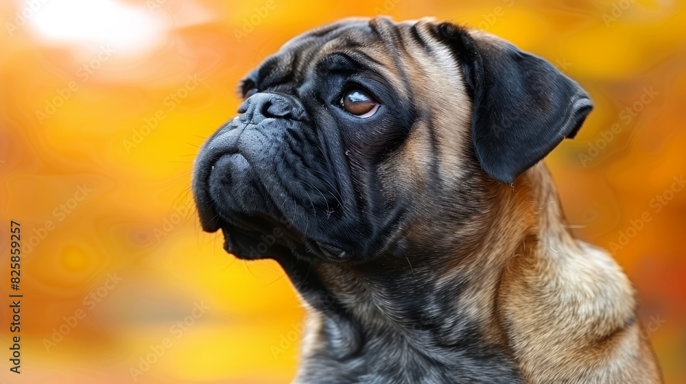 Fototapeta premium A tight shot of a pug's face with an out-of-focus backdrop of oranges and yellows on either side of its eye