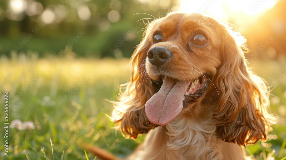  A close-up of a dog lying in the grass, tongue hanging out, as the sun shines on its face