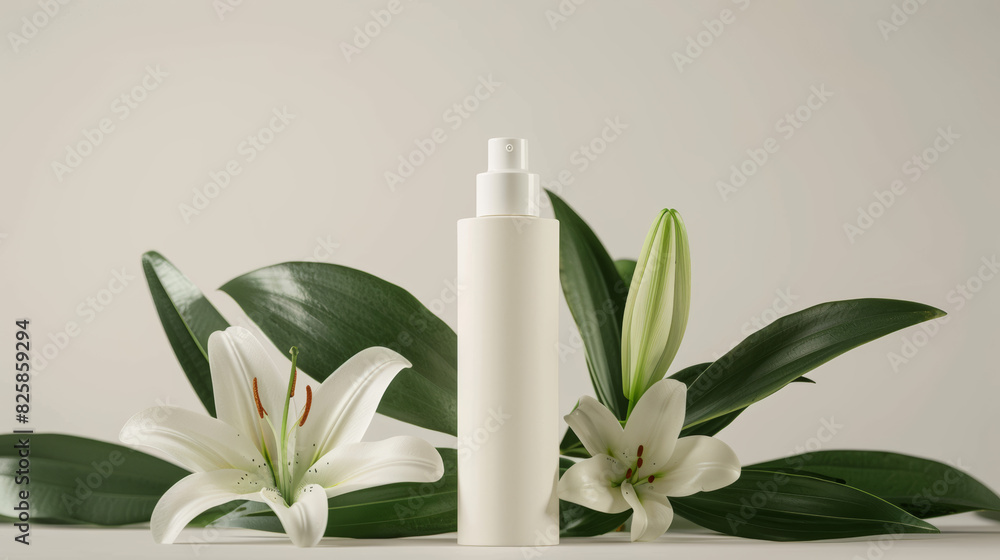 An eco cosmetic bottle with ample text space, surrounded by green leaves and white lilies in front An eco cosmetic bottle with ample text space, surrounded by green leaves and white lilies in front