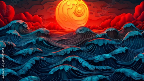 Surreal red moonrise over stylized ocean waves photo