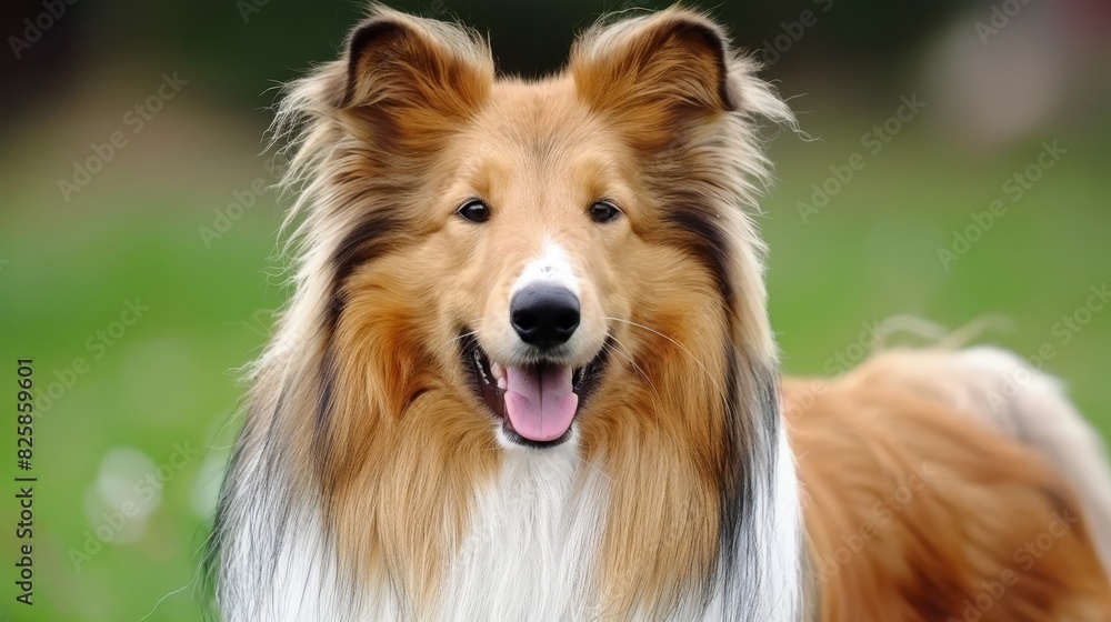 A brown and white dog stands on a green grass field, its mouth open and tongues out A brown and white dog stands on a green grass field, its mouth open and tongues out
