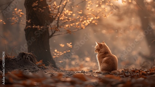  An orange cat sits in a forest s heart amidst yellow-leafed trees and autumnal foliage