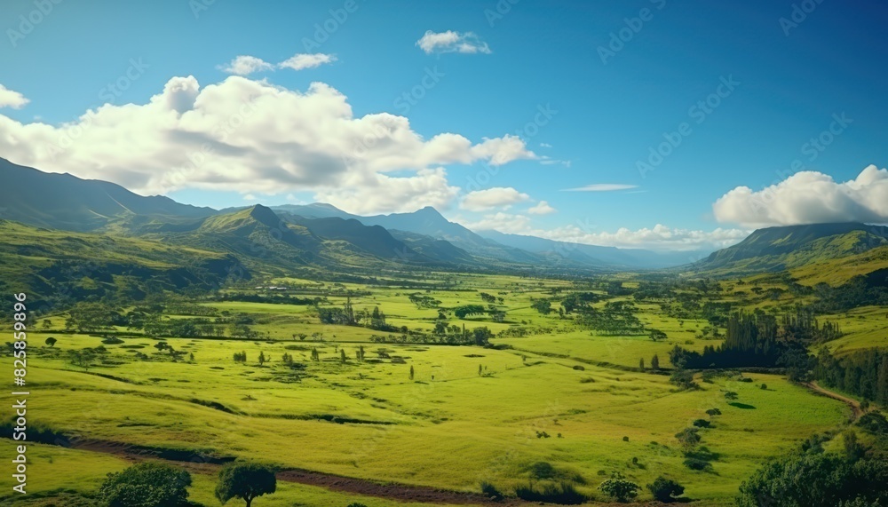 Fototapeta premium A stunning spring day landscaping views of fertile land surrounded beautiful green vegetation, wide stretches of hills and mountains with clear skies in spring