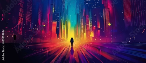 A vibrant vector cityscape with abstract light effects, with a lone figure standing in the middle of the street, paralyzed with fear as shadowy figures close in, photo