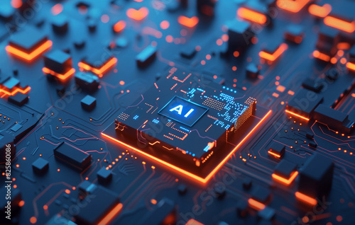 3D render of a black and blue square with "AI" text on it, against a circuit board background, with a black and dark gray color palette and metallic accents, with a tech theme,