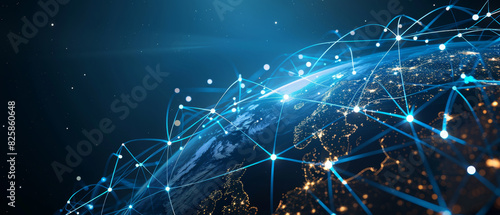 Earth with illuminated connection lines on a digital data background, showcasing global network and internet technology communication in realism