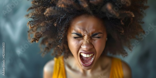 Stressed young Black woman shouting showing frustration. Concept Anger Management, Stress Relief, Coping Strategies, Mental Health Support, Self-Care Practices photo