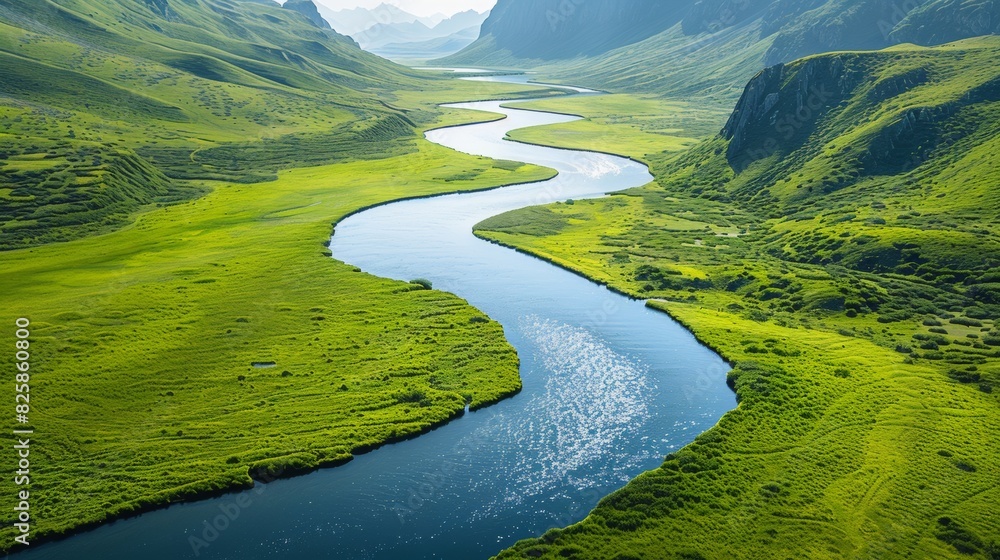 A river winding through a green valley, illustrating the importance of freshwater ecosystems. A river winding through a green valley, illustrating the importance of freshwater ecosystems.