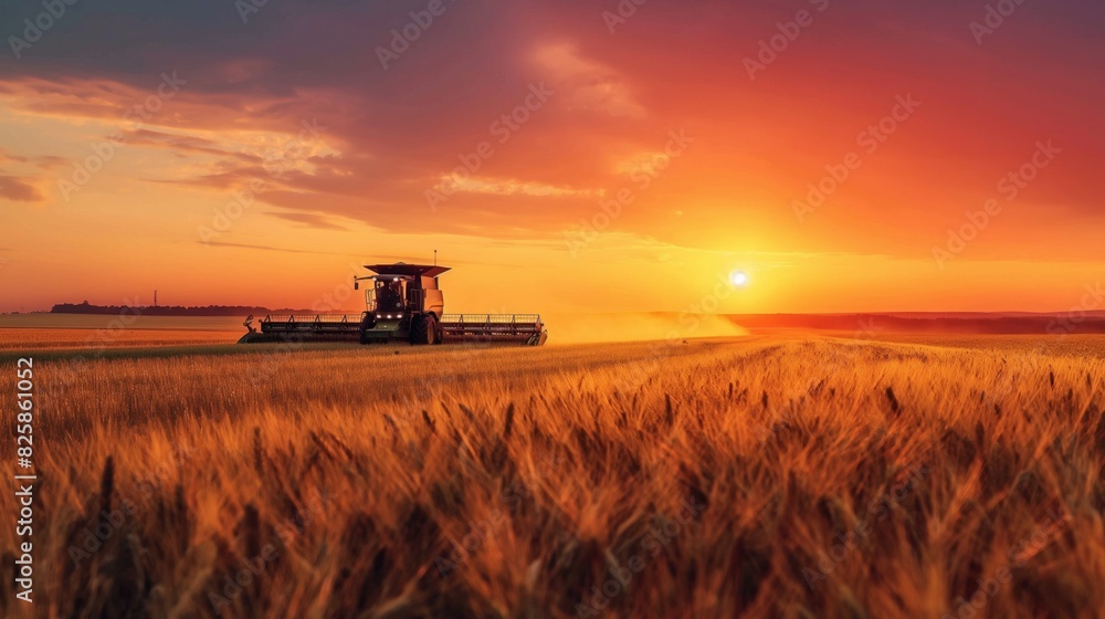 Fototapeta premium Sundown Harvest, Vibrant Sunset Colors Illuminate Expansive Fields with Advanced Agricultural Machinery in Action