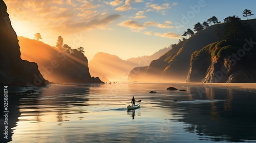 A serene California beach background with a paddleboarder gliding across calm waters, the sun rising in the background, and a misty morning ambiance. photo