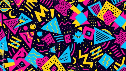 80s and 90s design pattern seamless, colorful geometric shapes, retro style, bright neon colors, playful and abstract, bold patterns, intricate and dynamic