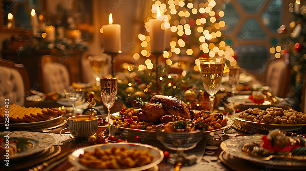 A Festive Feast: High Resolution Image of Family Holiday Dinner with Glossy Backdrop Capturing Warmth and Joy of Sharing a Festive Meal Together A Festive Feast: High Resolution Image of Family Holiday Dinner with Glossy Backdrop Capturing Warmth and Joy of Sharing a Festive Meal Together