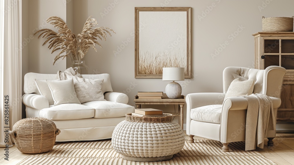 Naklejka premium Scandinavian Serenity: Modern Living Room with Curved Loveseat Sofa and Framed Artwork