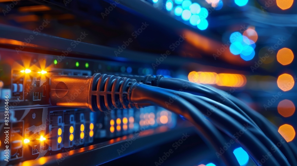 A backdrop of a server room with network cables and lights, network, dynamic and dramatic compositions, with copy space A backdrop of a server room with network cables and lights, network, dynamic and dramatic compositions, with copy space