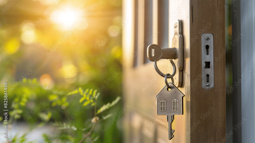Nuevo hogar con llave y llavero con forma de hogar. Hipoteca, inversión, bienes raíces, propiedad y concepto de vivienda nueva Nuevo hogar con llave y llavero con forma de hogar. Hipoteca, inversión, bienes raíces, propiedad y concepto de vivienda nueva