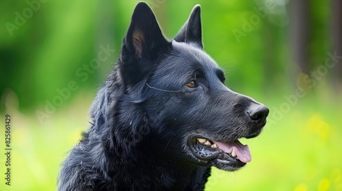  A tight shot of a dog's face against a backdrop of grass and nearby trees The foreground features a blurred expanse of green grass and yellow flowers © Mikus