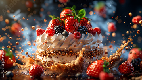 A cake with strawberries and whipped cream on top photo