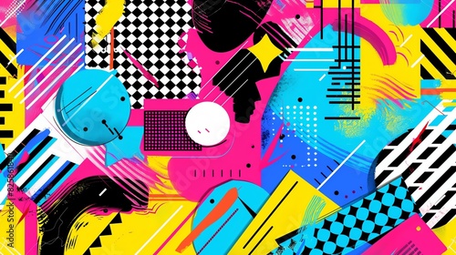 Memphis Style 80s and 90s design  funky geometric shapes  bright colors  retro art  playful and abstract  bold design  vivid and intricate  dynamic patterns