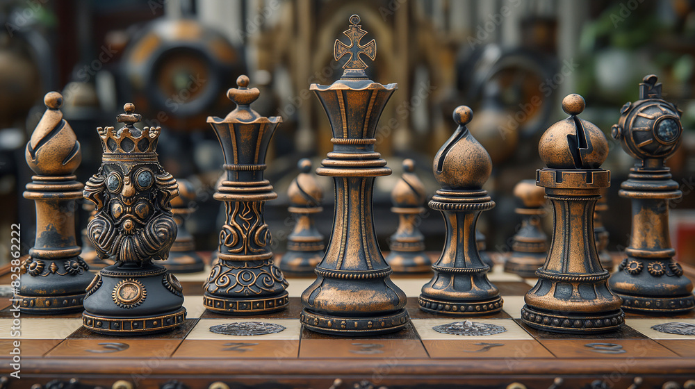 Steam punk style chess set, Generative AI Steam punk style chess set, Generative AI