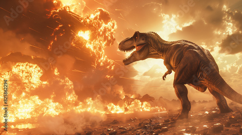 Tyrannosaurus viewing a burning meteorite with clouds of smoke in the sky.