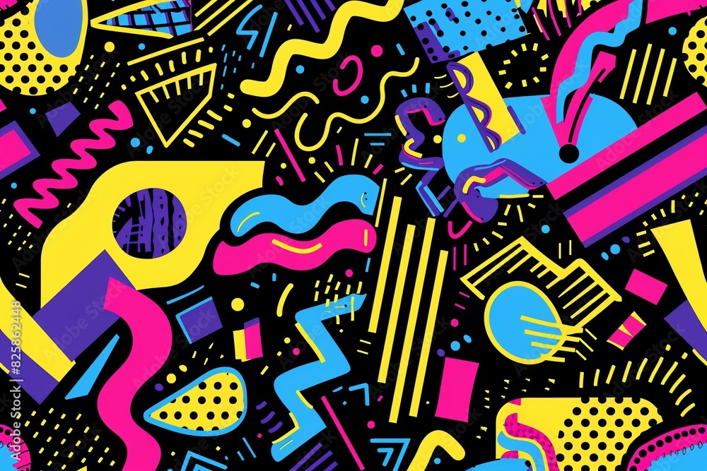 Seamless 80s and 90s design pattern, bright geometric shapes, neon colors, retro art, playful and bold, vivid and intricate, dynamic design