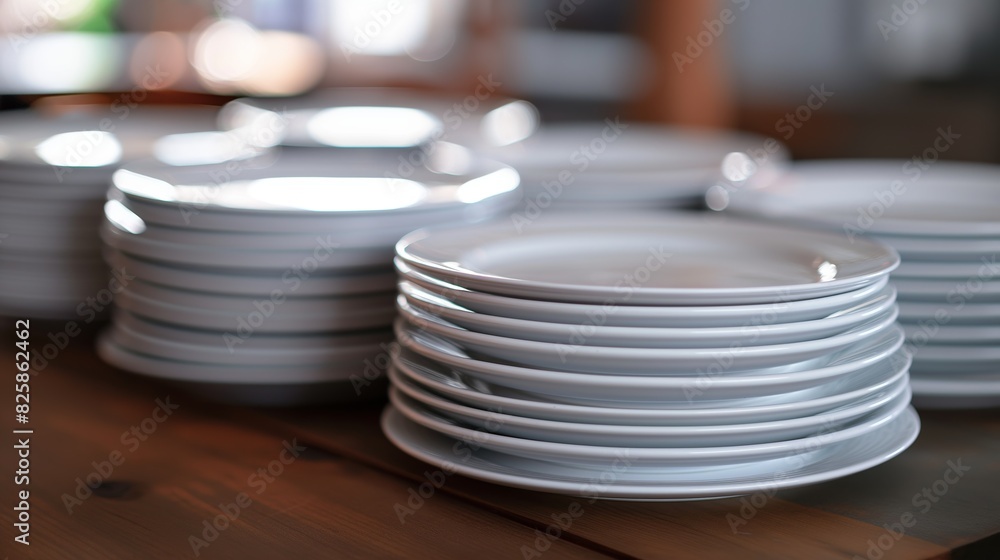 Close-Up of Neatly Stacked Clean Plates on Table, Emphasizing Cleanliness and Orderliness Close-Up of Neatly Stacked Clean Plates on Table, Emphasizing Cleanliness and Orderliness