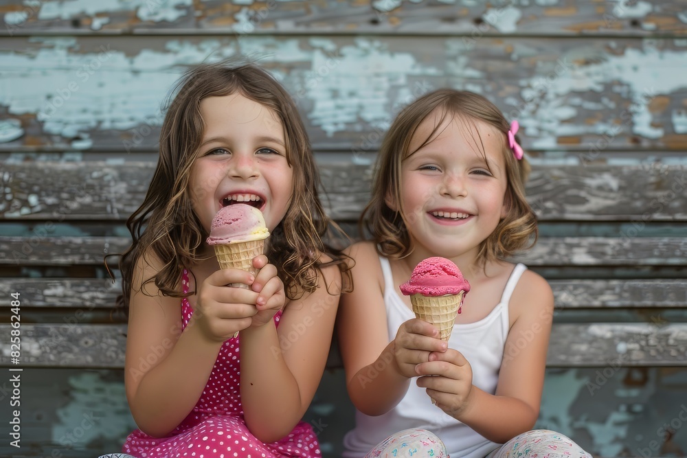 Two young girls are sitting on a bench Two young girls are sitting on a bench