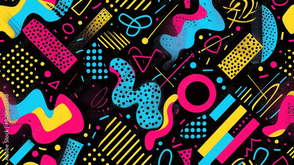 Seamless pattern 80s and 90s design, vibrant geometric shapes, neon ...