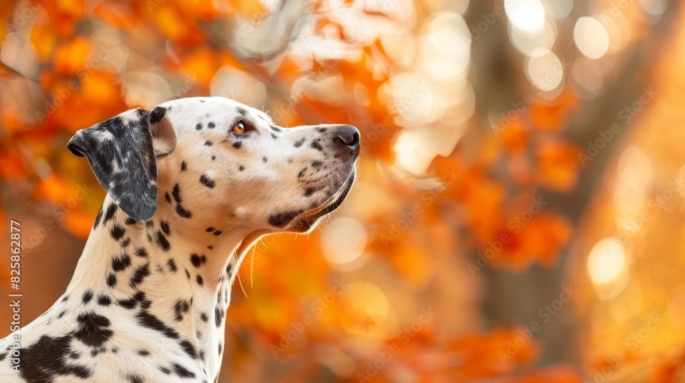 A Dalmatian dog stands before an orange-leafed tree, gazing upward Both tree and dog boast orange foliage A Dalmatian dog stands before an orange-leafed tree, gazing upward Both tree and dog boast orange foliage