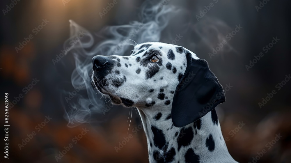  A tight shot of a dog with smoky eyes,..A monochrome canine with a dark mark on its head