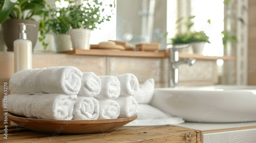 A wooden tray with white towels on it sits on a counter next to a sink A wooden tray with white towels on it sits on a counter next to a sink