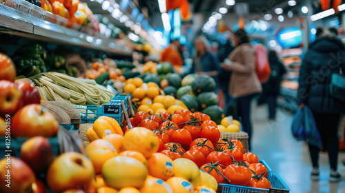 A candid snapshot showcasing the diverse selection of fruits and vegetables in a bustling supermarket, with shoppers browsing in the background, capturing the essence of everyday life