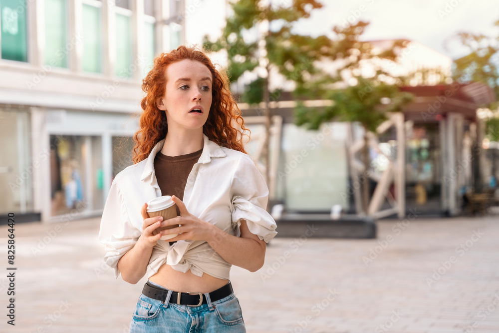 unhappy young redhead woman drinking take away coffee on street  lifestyle concept