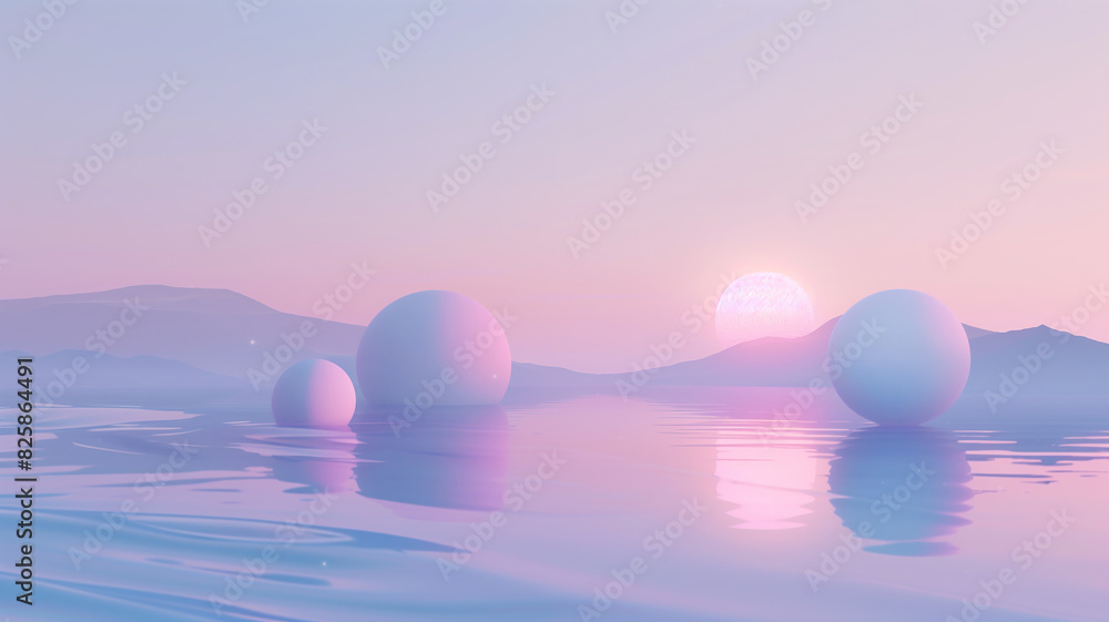 Abstract 3D pastel scene with geometric shapes, serene lake, dreamy gradient sky, Minimalist, Soft Colors Abstract 3D pastel scene with geometric shapes, serene lake, dreamy gradient sky, Minimalist, Soft Colors