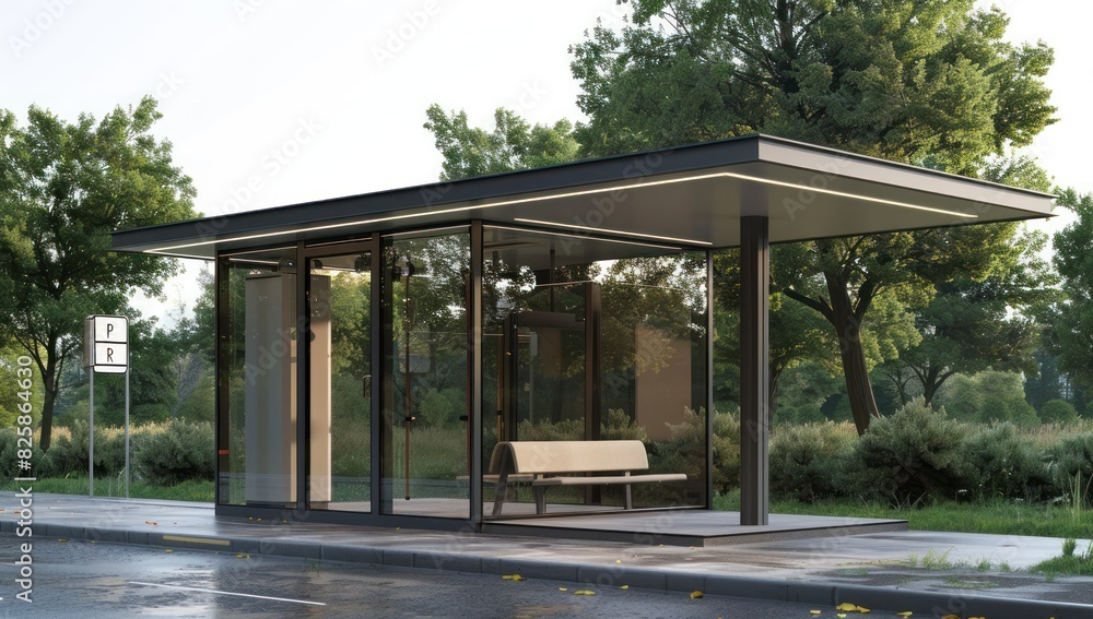 A sleek and modern bus stop with an open roof A sleek and modern bus stop with an open roof