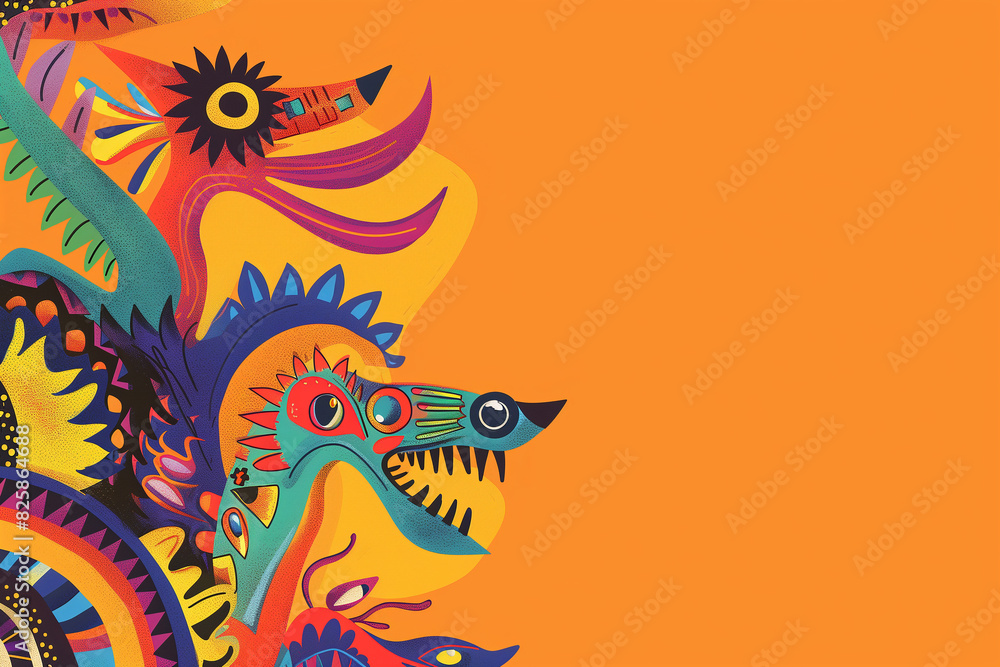 Playful and lively alebrijes in a festive design, Mexican folk art, Bright, Illustration, Space for text at bottom Playful and lively alebrijes in a festive design, Mexican folk art, Bright, Illustration, Space for text at bottom
