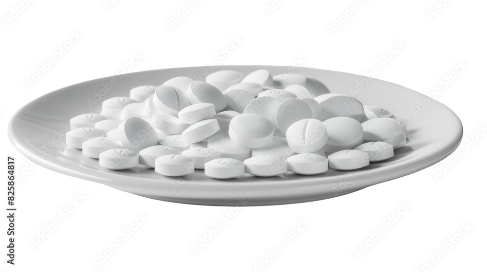 A white plate filled with numerous white pills arranged neatly A white plate filled with numerous white pills arranged neatly