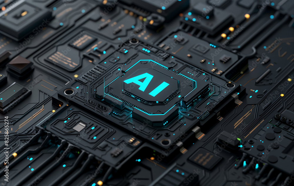 3D render of an abstract black and blue chip with text, on top is written in turquoise letters 'AI', background is dark gray, there are some techy elements around it, highly detailed, high resolution, 3D render of an abstract black and blue chip with text, on top is written in turquoise letters 'AI', background is dark gray, there are some techy elements around it, highly detailed, high resolution,