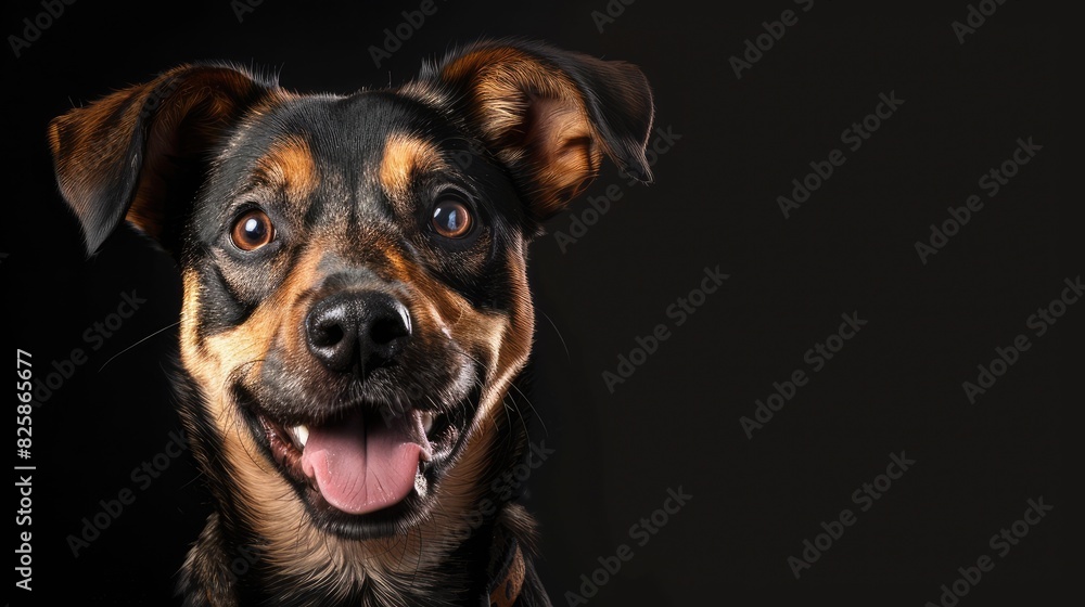 Fototapeta premium Studio portrait of a comical mixed breed dog on a black backdrop