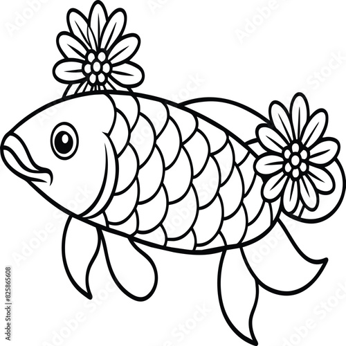 Arowana Fish Line Art Black White illustration vector