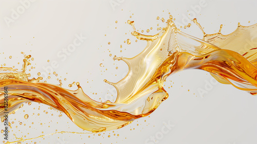 Dynamic splash of golden liquid on a light background, capturing motion and fluidity in a high-quality abstract composition.
