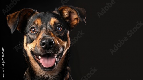 Studio portrait of a comical mixed breed dog on a black backdrop