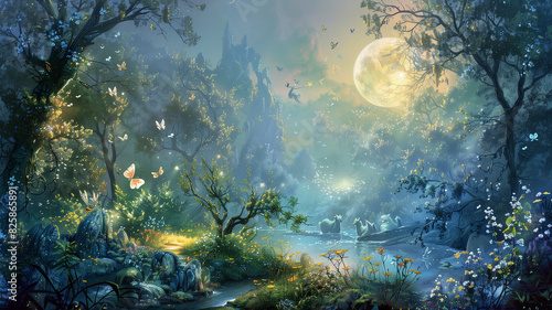 Fantasy forest with fairies and enchanted creatures  basking in the light of a magical moon  Mystical  Sketch  Gentle Colors