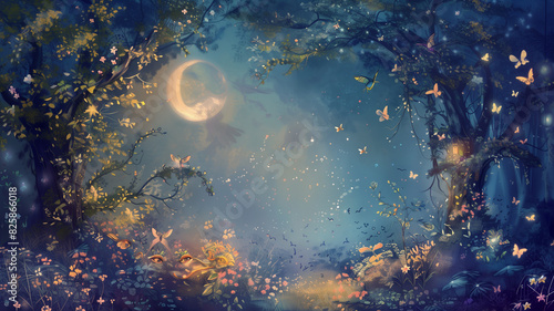 Fantasy forest with fairies and enchanted creatures, basking in the light of a magical moon, Mystical, Sketch, Gentle Colors