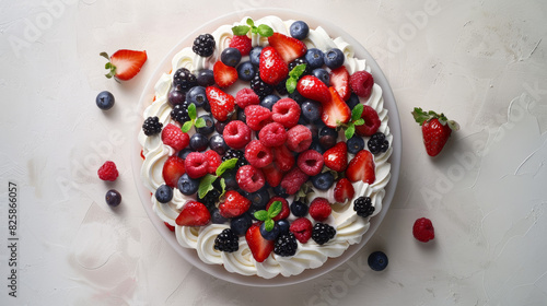 Wallpaper Mural An elegant fruit cake with berries, coated in whipped cream at the center, presented on a light background Torontodigital.ca