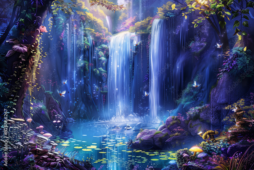 Fantasy landscape with fairies flying around a crystalclear waterfall, surrounded by enchanted flora, Ethereal, Illustration, Vibrant Colors