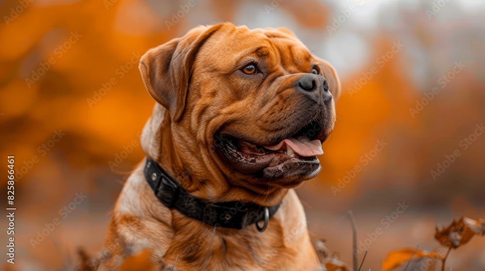 A tight shot of a dog in a field, surrounded by tall grass and trees The leaves at the forefront are tinged orange The backdrop features a hazy, indist A tight shot of a dog in a field, surrounded by tall grass and trees The leaves at the forefront are tinged orange The backdrop features a hazy, indist