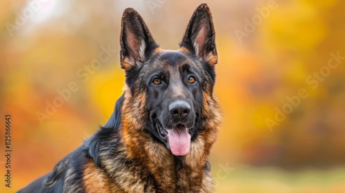  A tight shot of a dog's face with its tongue out extends into the frame, while the background is blurred