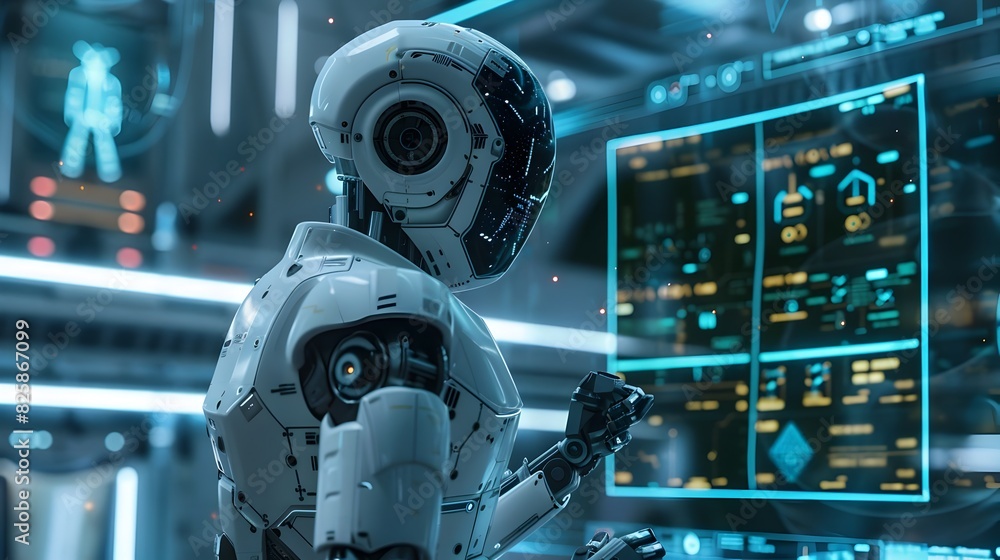Fototapeta premium Sentient Robot Engineering a Futuristic Machine with Holographic Blueprints
